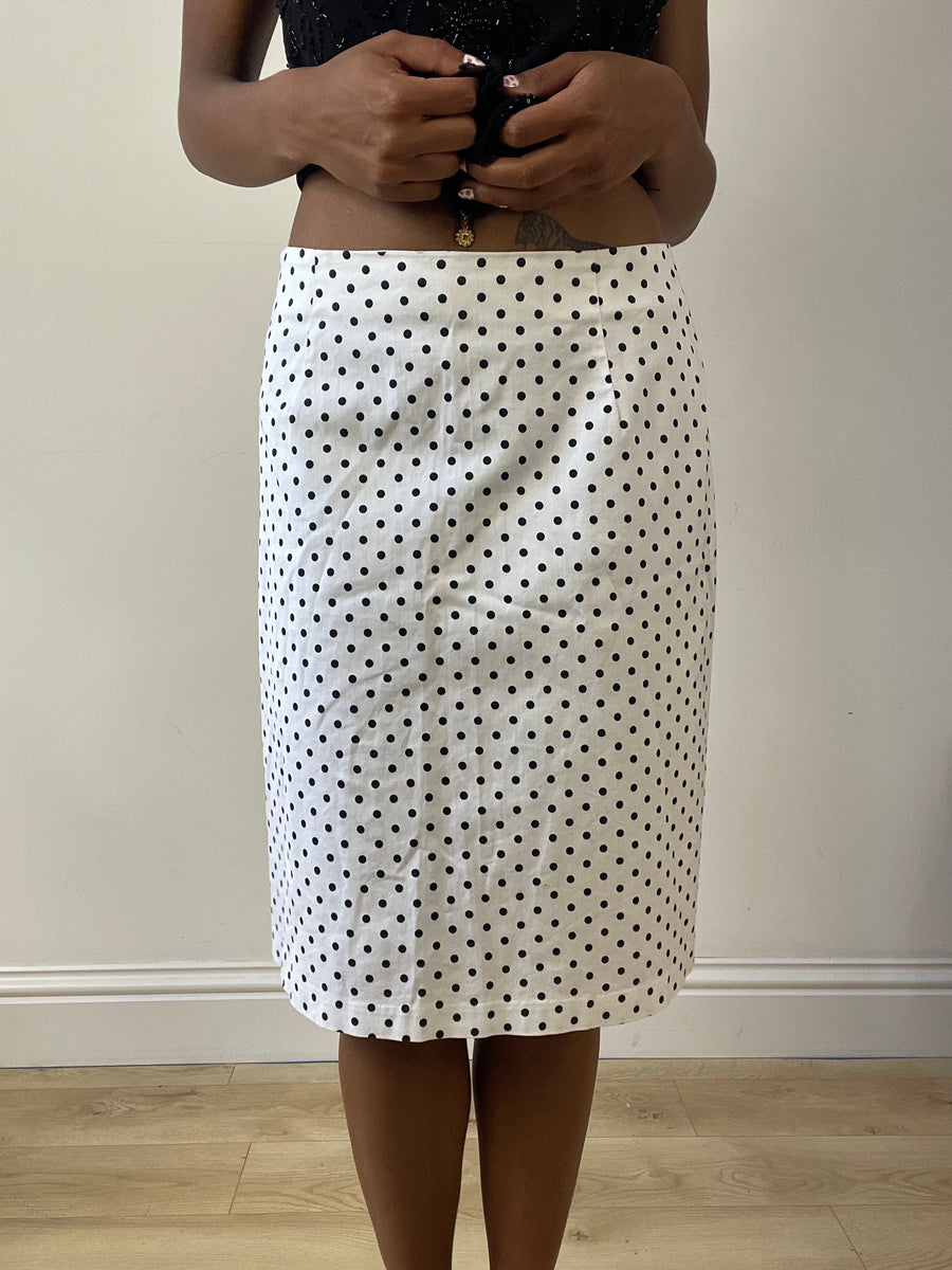 vintage edit twenty-seven | Pequeno preto e branco polka dot midi skirt