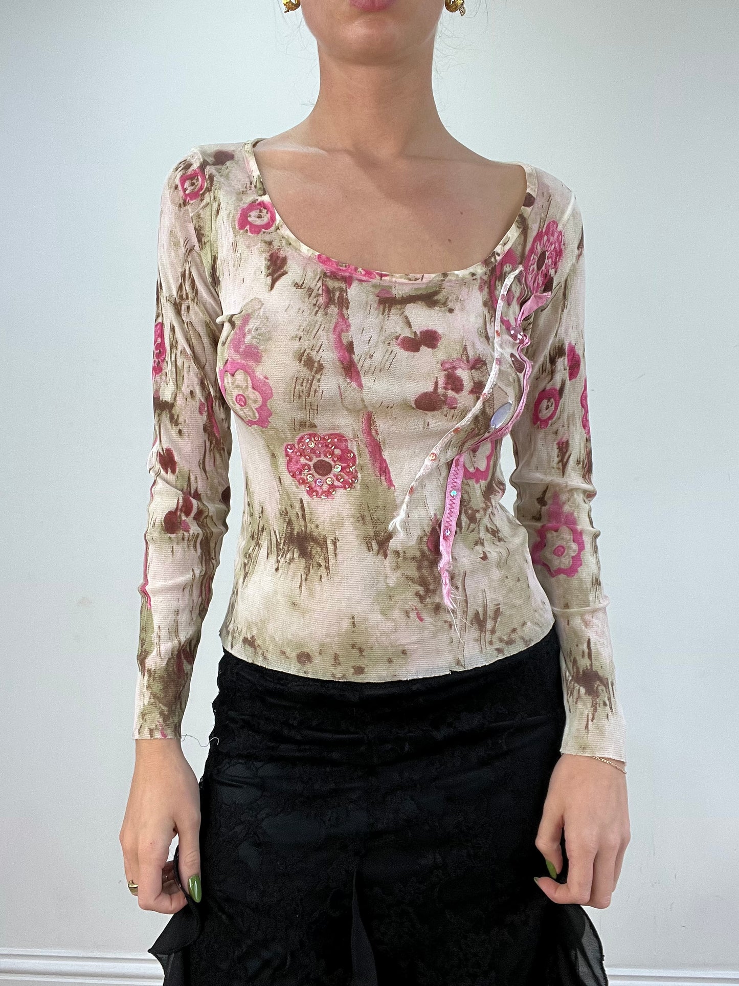 vintage edit seventeen | small brown and pink mesh floral top