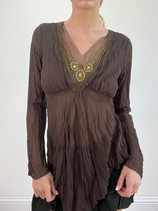 BEST PICKS | medium brown sheer long sleeve beaded top