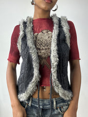 vintage edit thirty-two | small grey knit tie up gilet with faux fur detail
