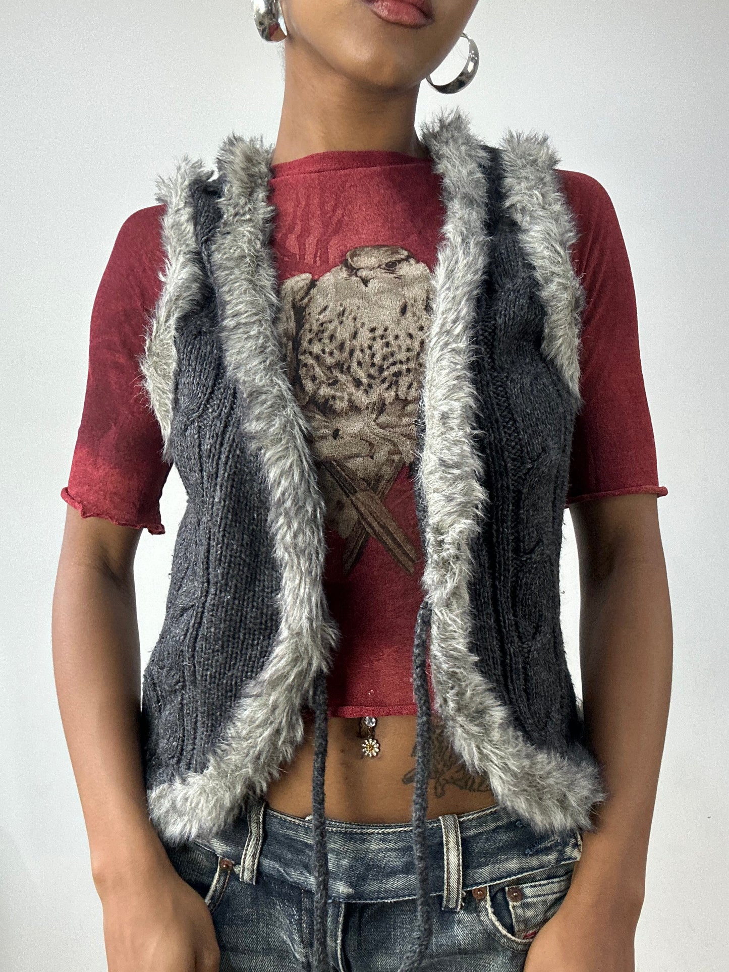 vintage edit thirty-two | small grey knit tie up gilet with faux fur detail