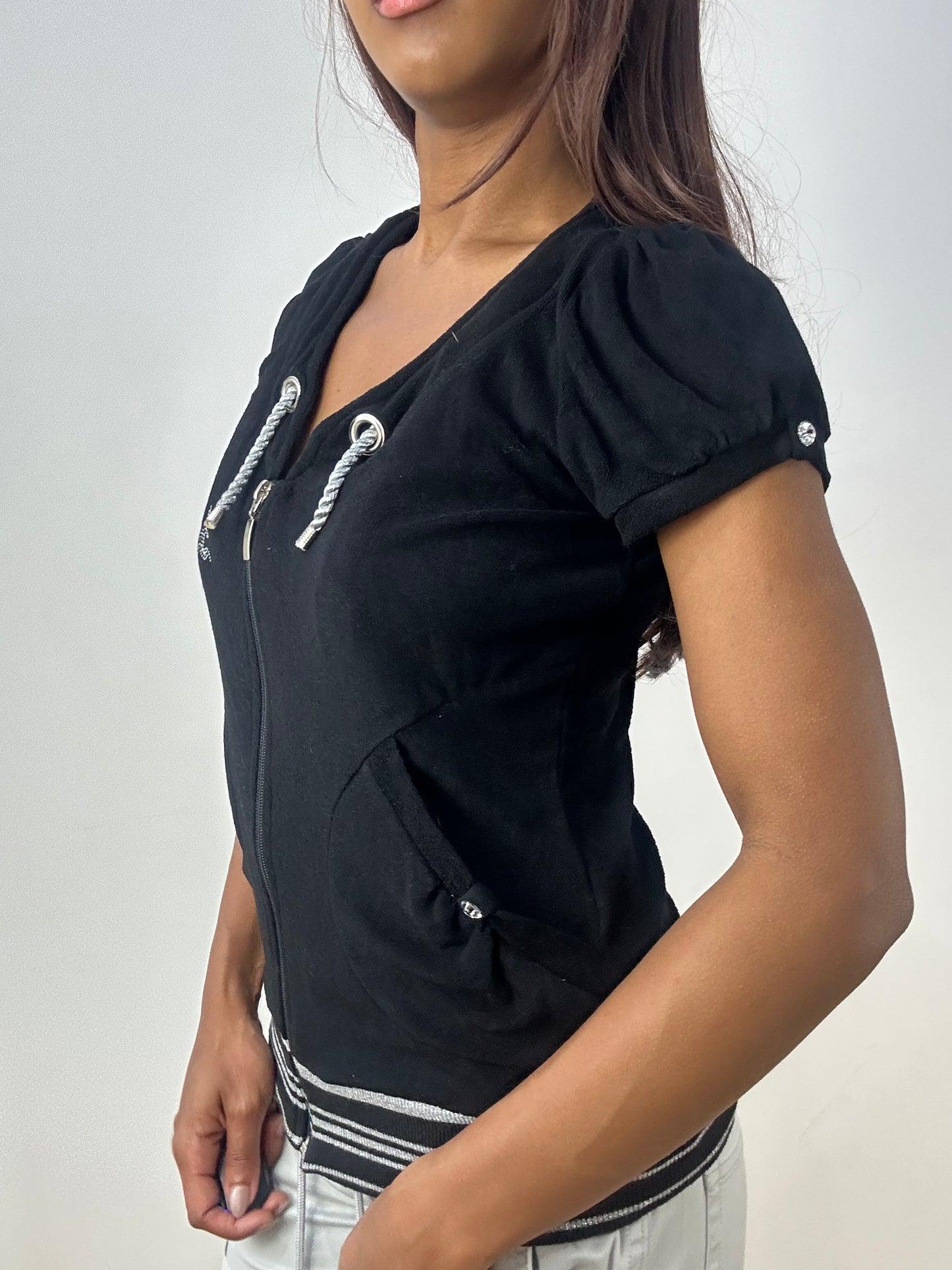 vintage edit thirty-three | small black towelling hoodie with capped sleeves