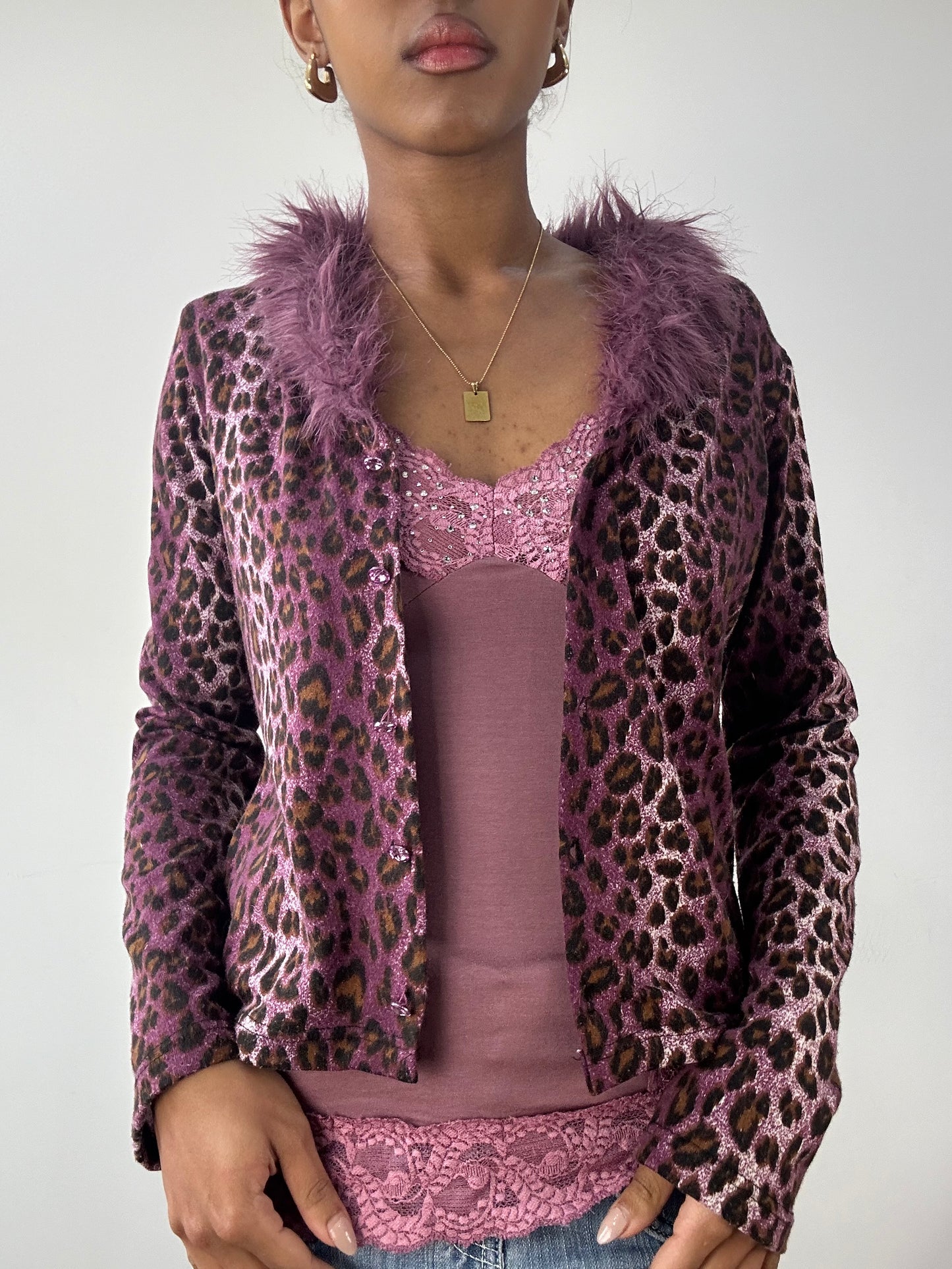 vintage edit fifteen | small purple leopard print cardigan with faux fur and rhinestones