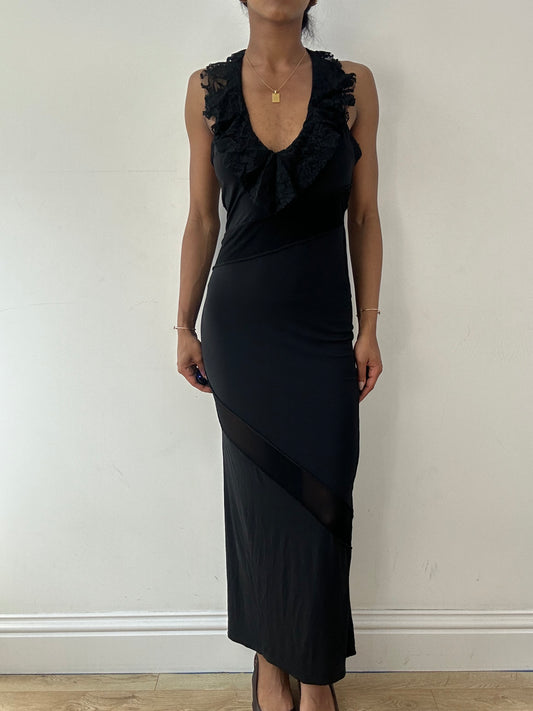 vintage edit twenty-one | small black ruffle halterneck maxi dress