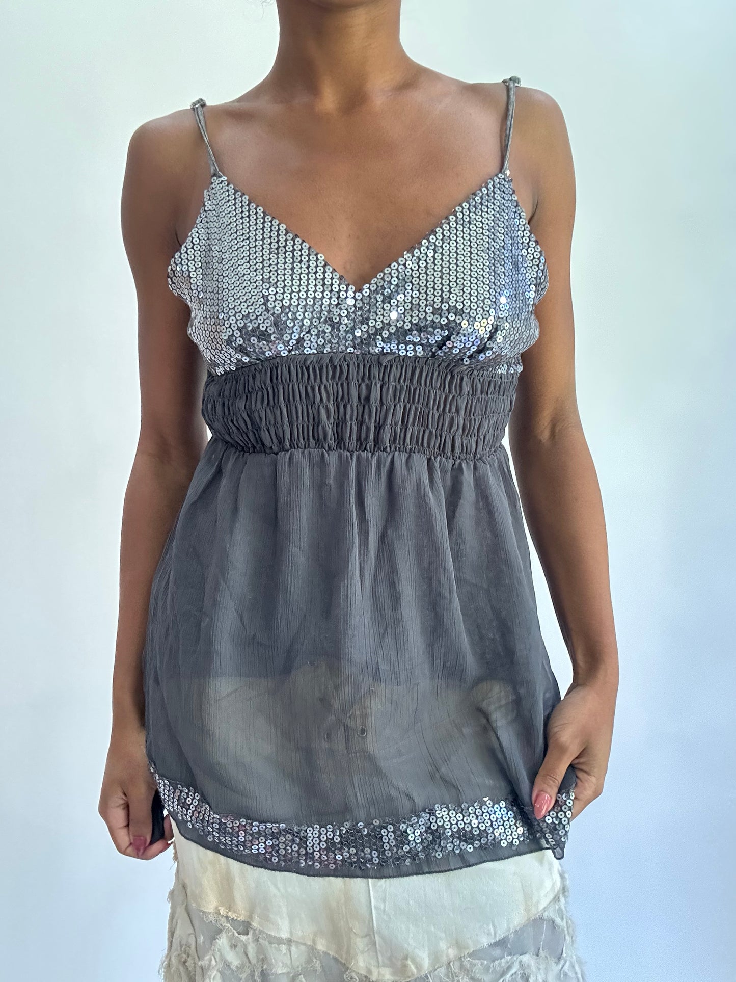 olivia rodrigo drop | small grey mesh overlay cami top