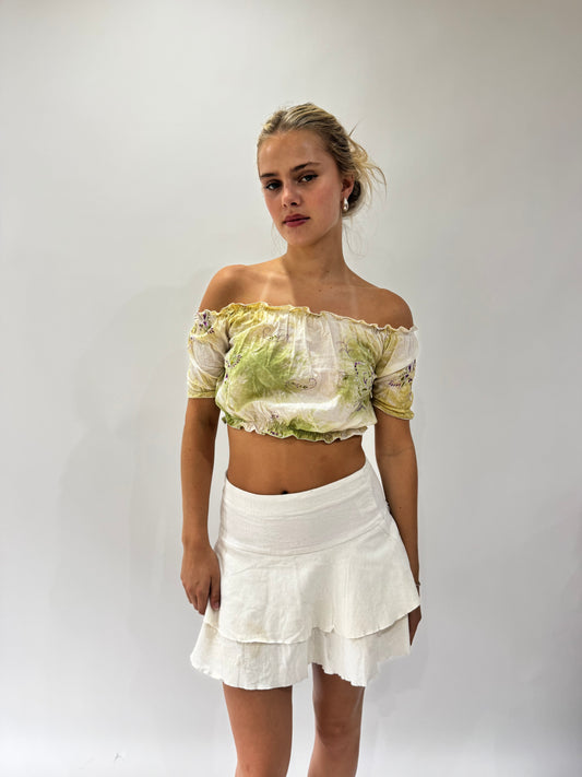 french summer drop | small green and white off the shoulder top