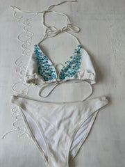 💻💚Vintage editar veintinueve | conjunto de bikini blanco medio con abalorios azules