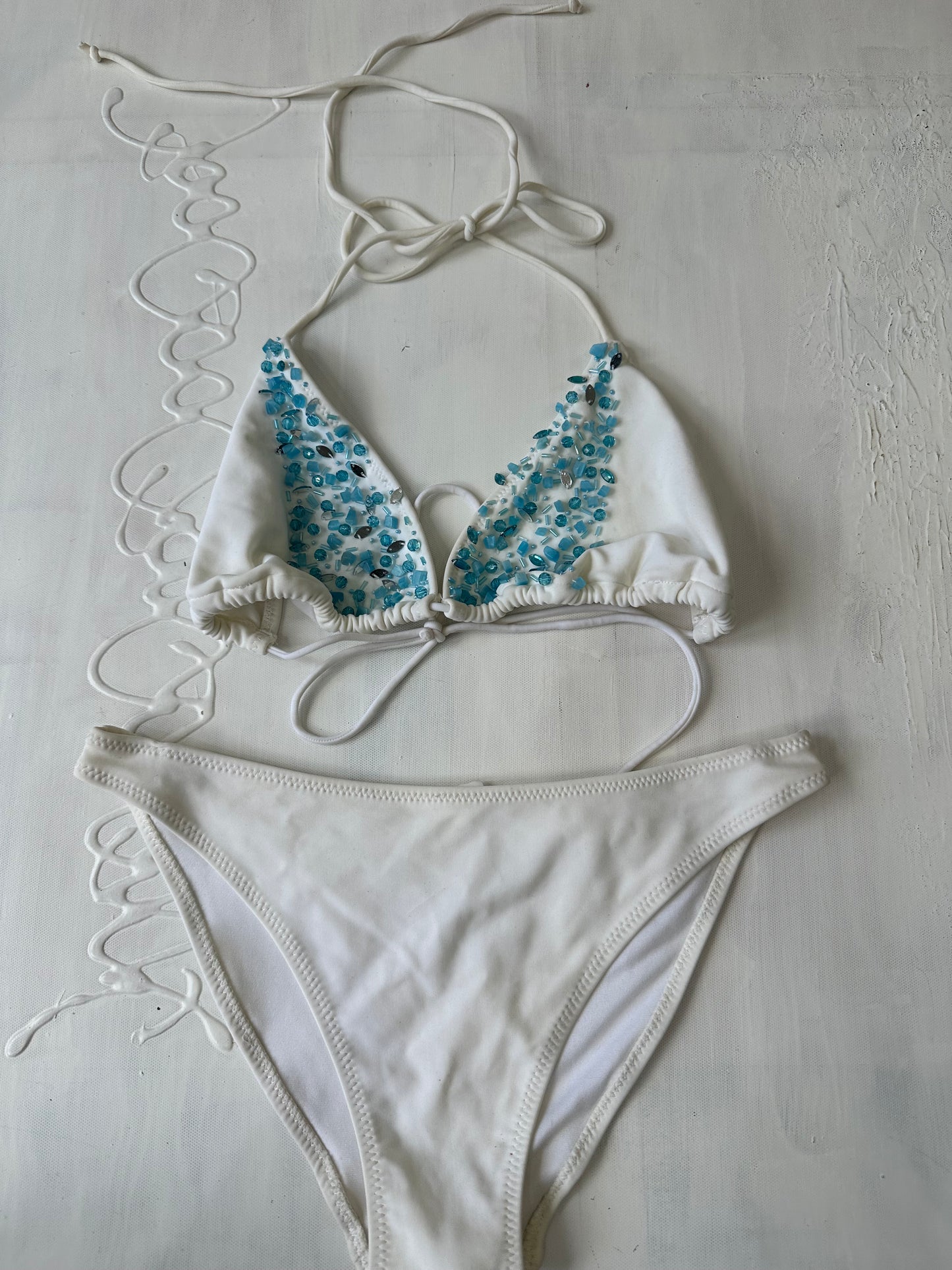 vintage edit twenty-nine | medium white bikini set with blue beading