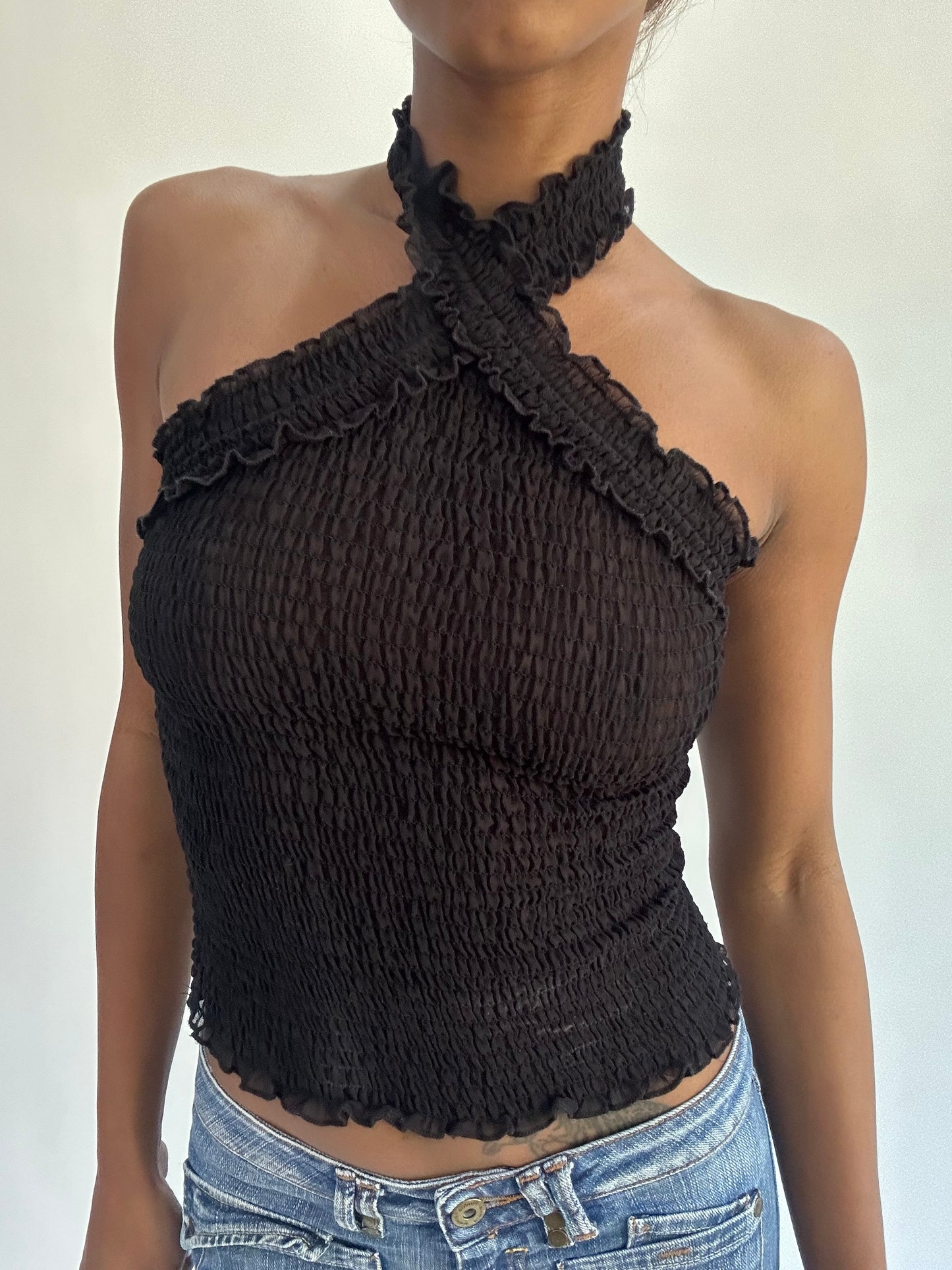 french summer drop | extra small black mesh halterneck top