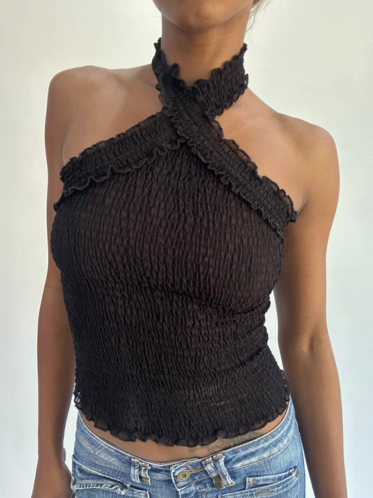 french summer drop | extra small black mesh halterneck top