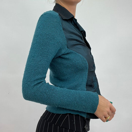 💻CARRIE BRADSHAW DROP | medium blue long sleeved collared top with two tone material and embellishment on the bust
