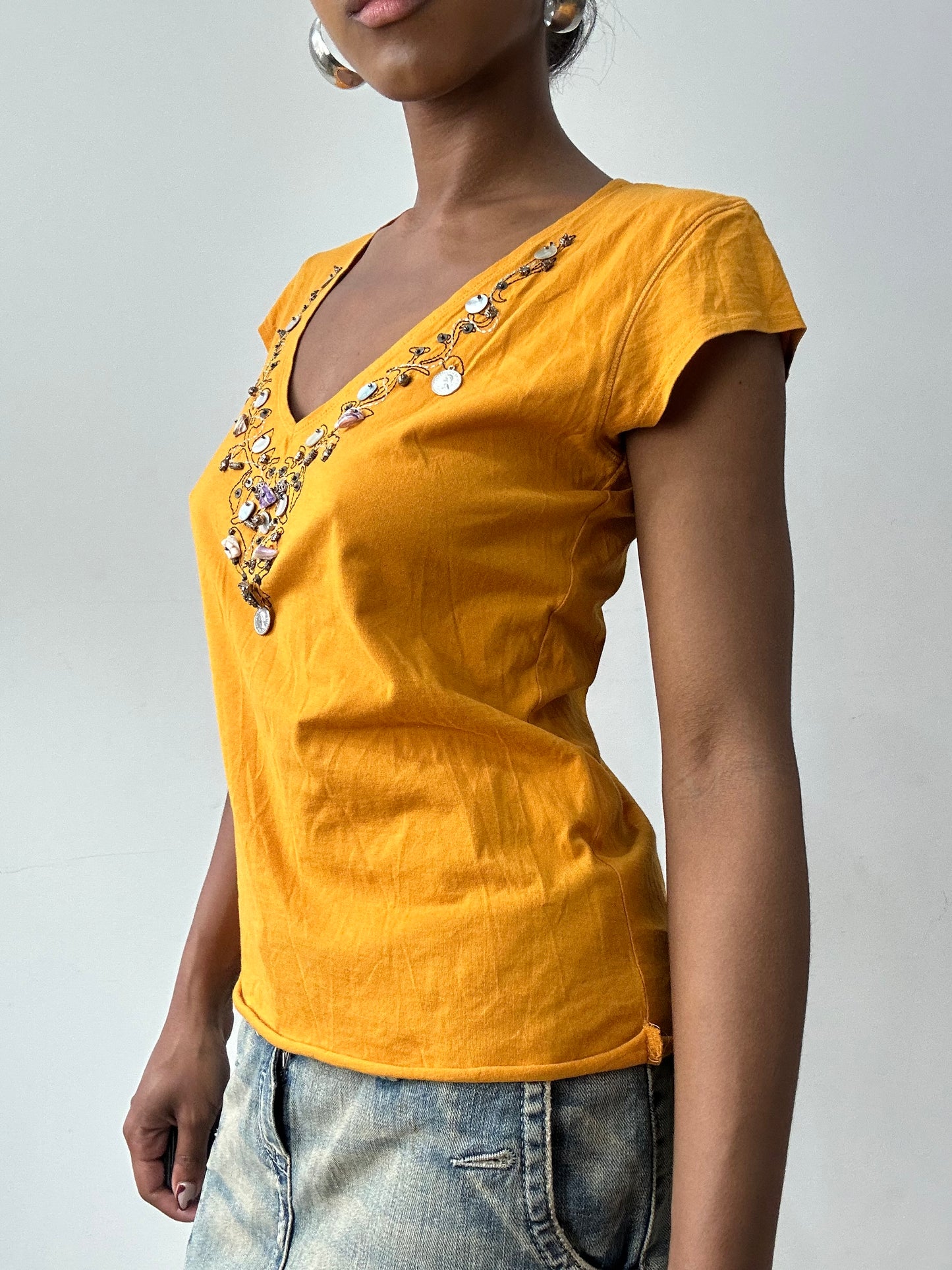 midsummer edit | small orange short sleeve top with sequin embellishment