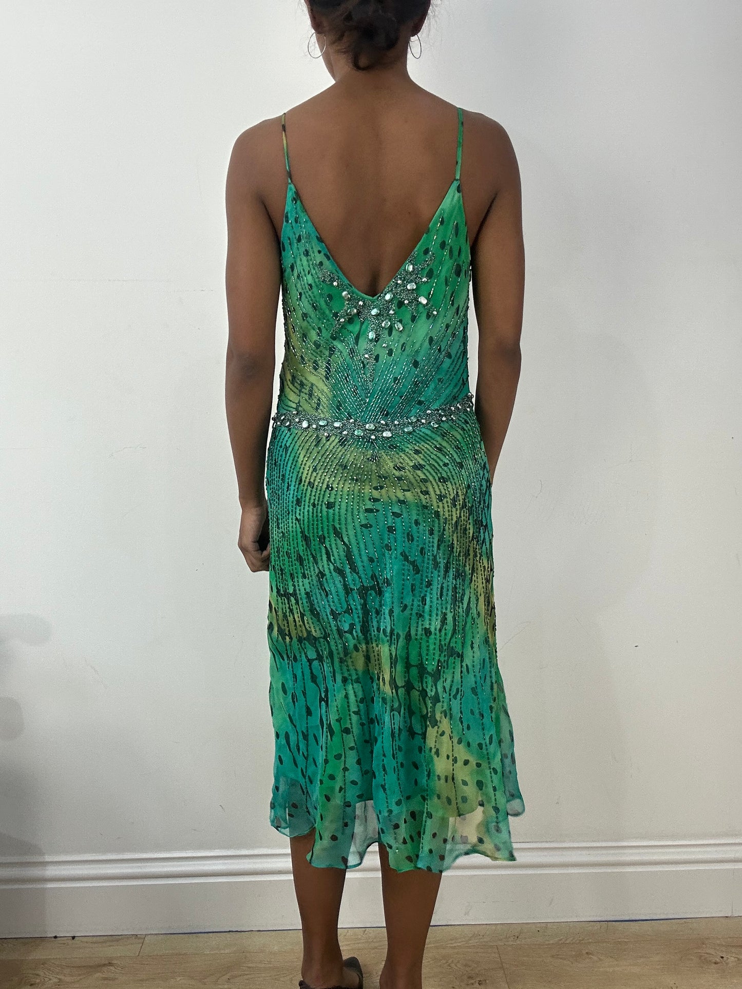 BEST PICKS | medium teal green silk midi dress with beading details
