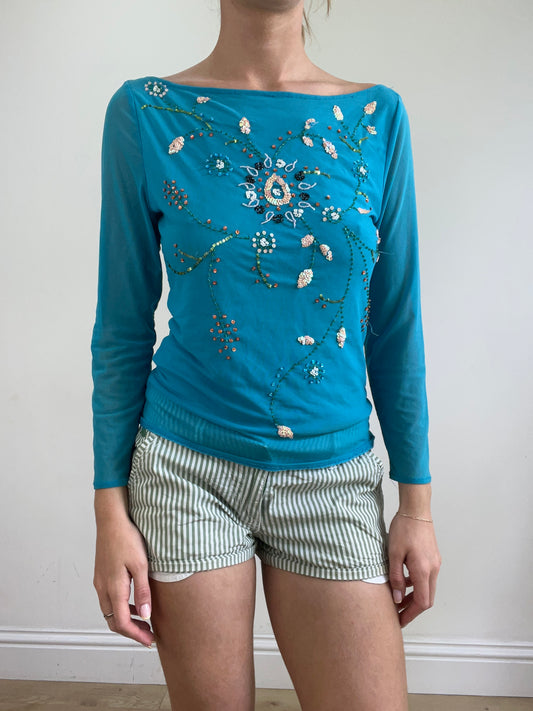 vintage edit twenty-four | medium blue long sleeve top with beading detail