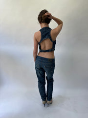 western edit | pequeno/mediano azul denim botão de cima jumpsuit