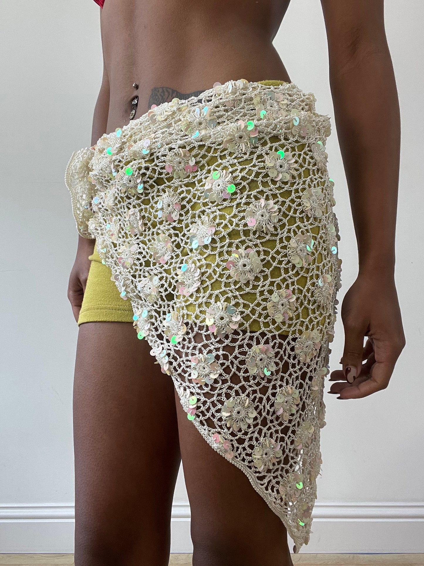 vintage edit thirty-one | white crotchet beach skirt with iridescent sequins