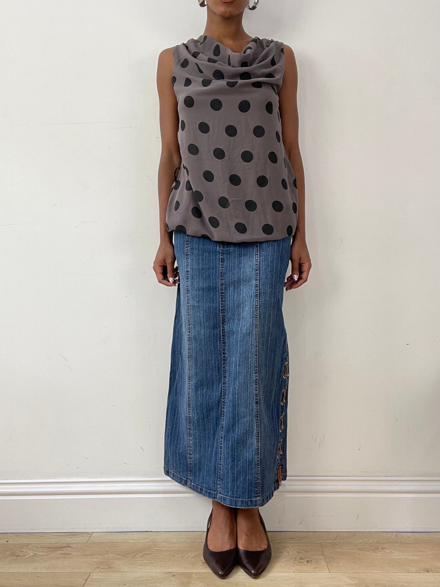 vintage edit twenty-nine | extra small blue denim maxi skirt with lace up detail