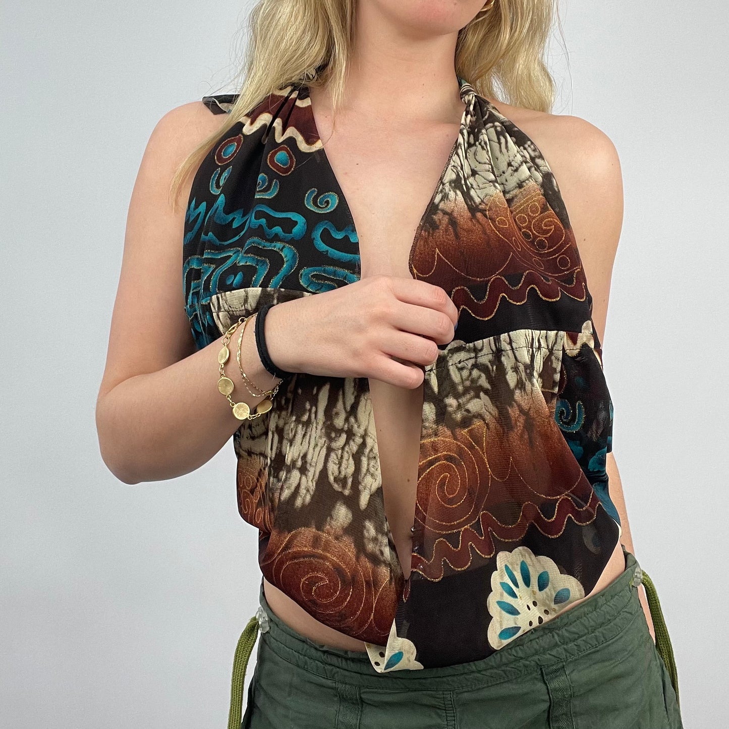 HIPPY CHIC DROP | large brown halterneck open front patterned top