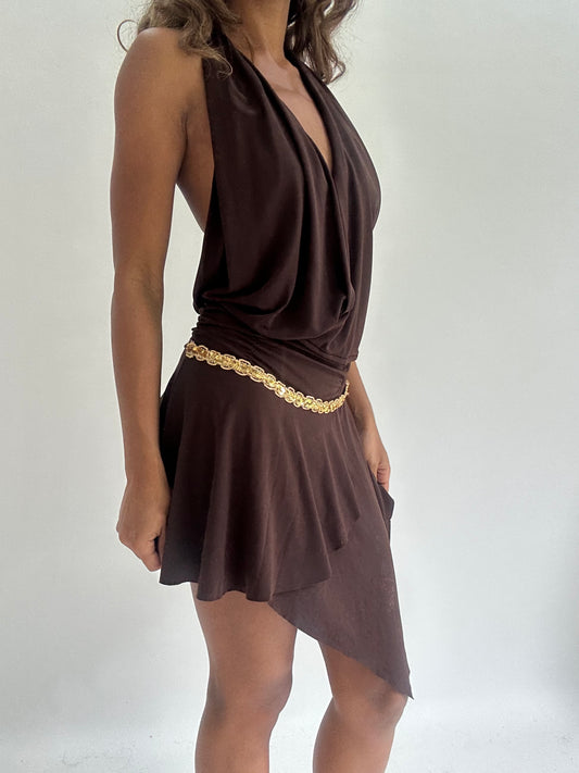 wedding guest drop | small brown halterneck mini dress with matching bikini top