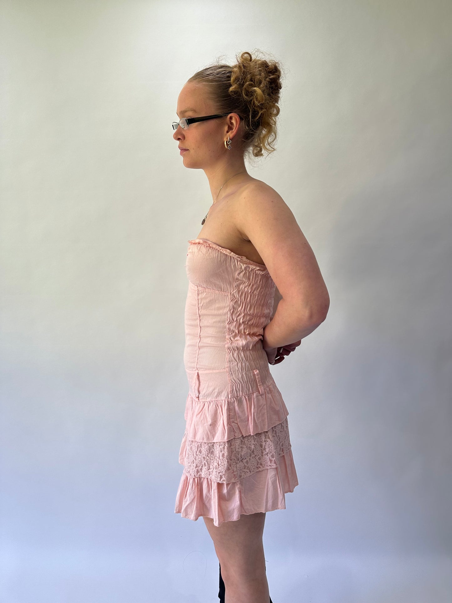 devil wears prada | small pink bandeau ruched ruffle mini dress
