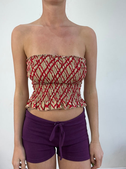 BEST PICKS | small red and beige abstract print ruched bandeau