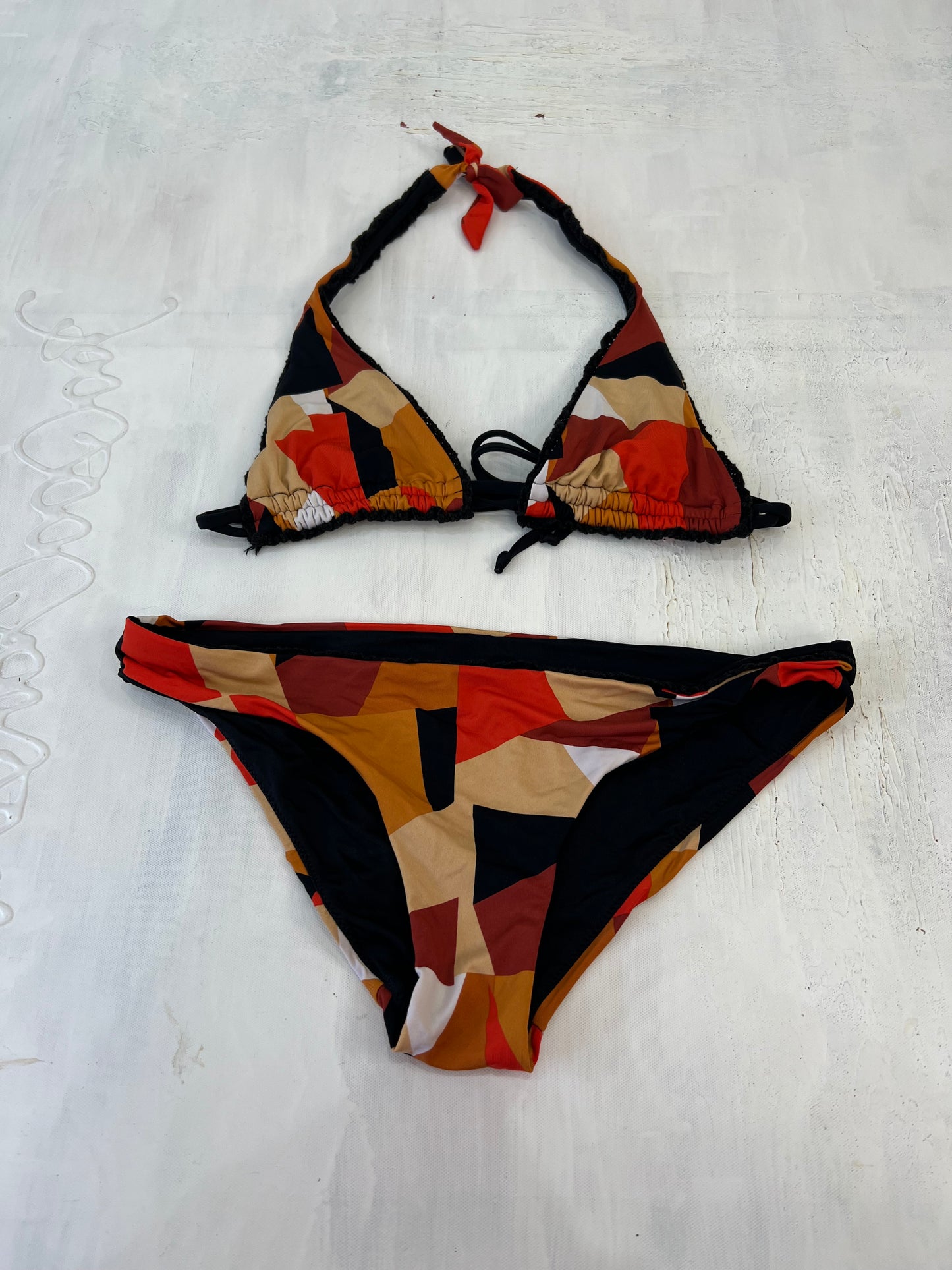 summer edit | small red and brown bikini set with abstract print