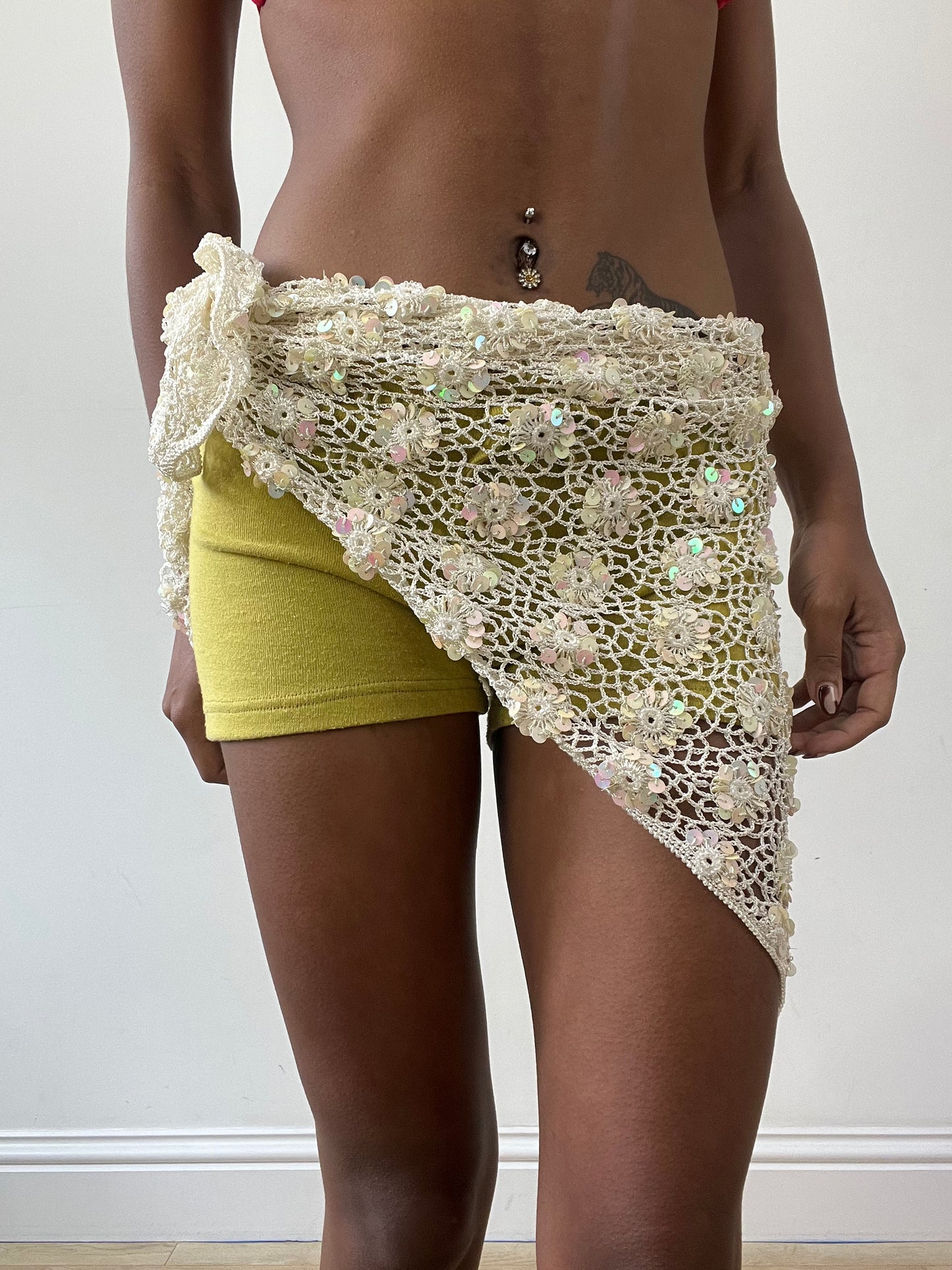 vintage edit thirty-one | white crotchet beach skirt with iridescent sequins