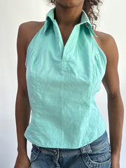wag drop | Pequeno teal aqua azul halterneck vestido de cabeça feminina