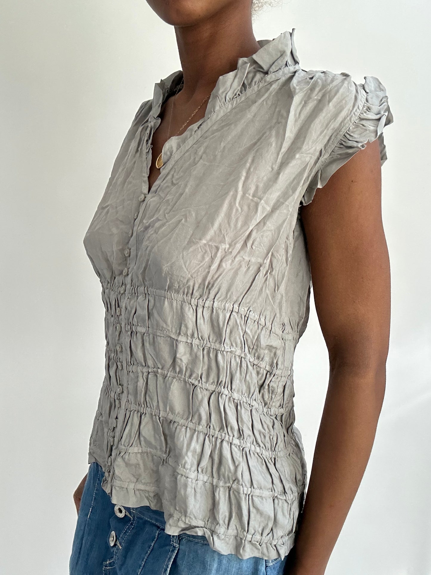 summermaxxing drop | small grey ruffle button up top