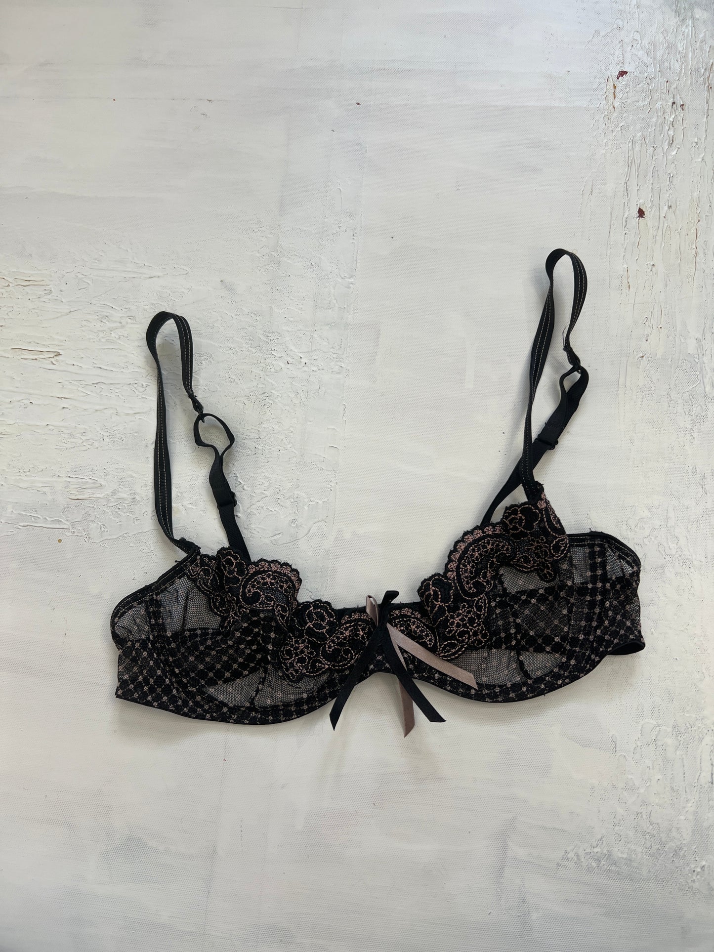 PUB GARDEN DROP | small black lace bra with pink floral embroidery