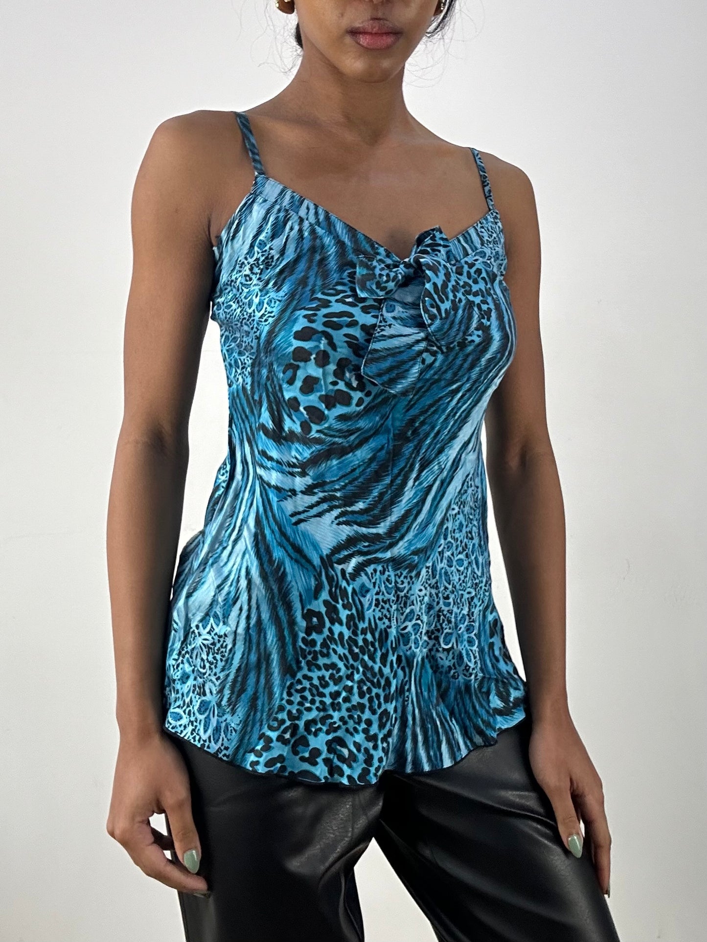 💻MOB WIFE DROP | small blue leopard print cami top with tie detail