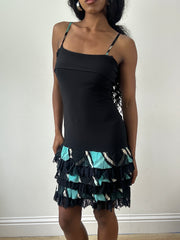 vintage edit: festival | small black and blue mini dress with frilled lace hem