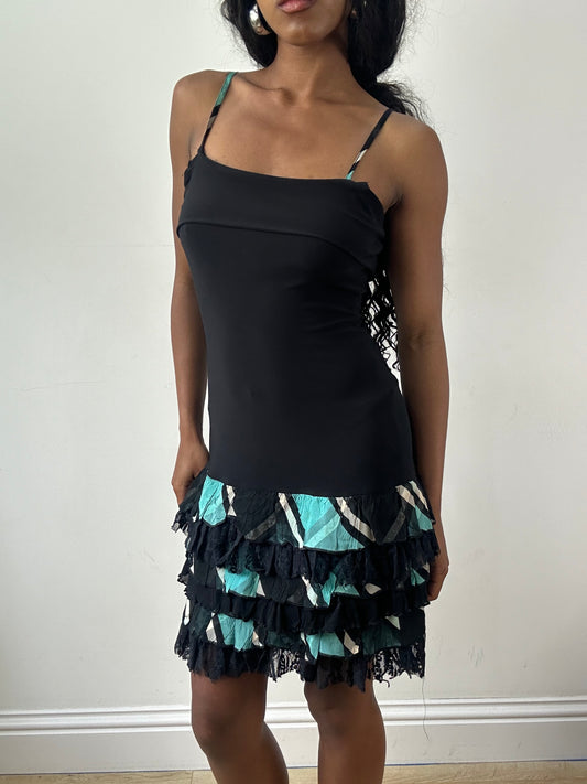 vintage edit: festival | small black and blue mini dress with frilled lace hem