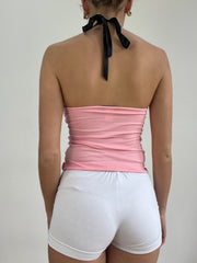 #330 VENTA DE MUESTRAS | Top de cuello halterneck de red rosa extra pequeño