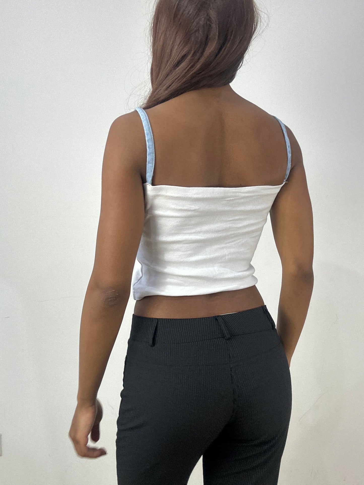 💻‼️ extra small white vest top with denim cross detail and denim straps