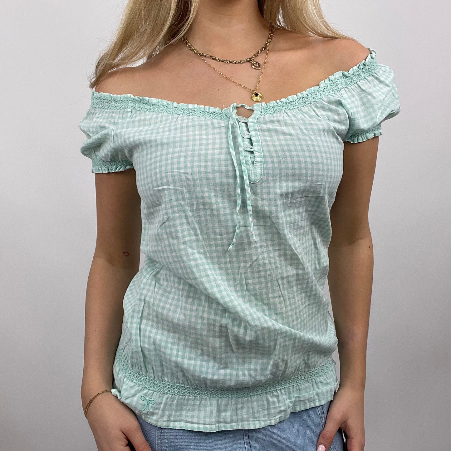 💚 💻 BEST PICKS | small fishbone blue gingham off shoulder milkmaid style top