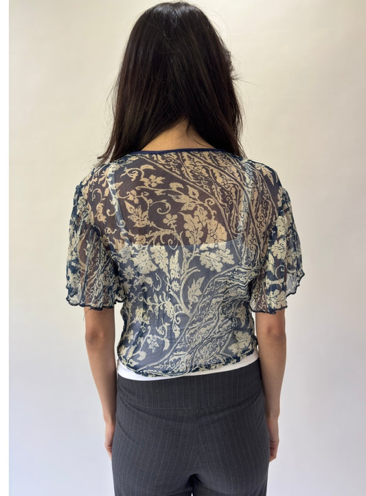 devil wears prada | smalll blue sheer button up cropped top