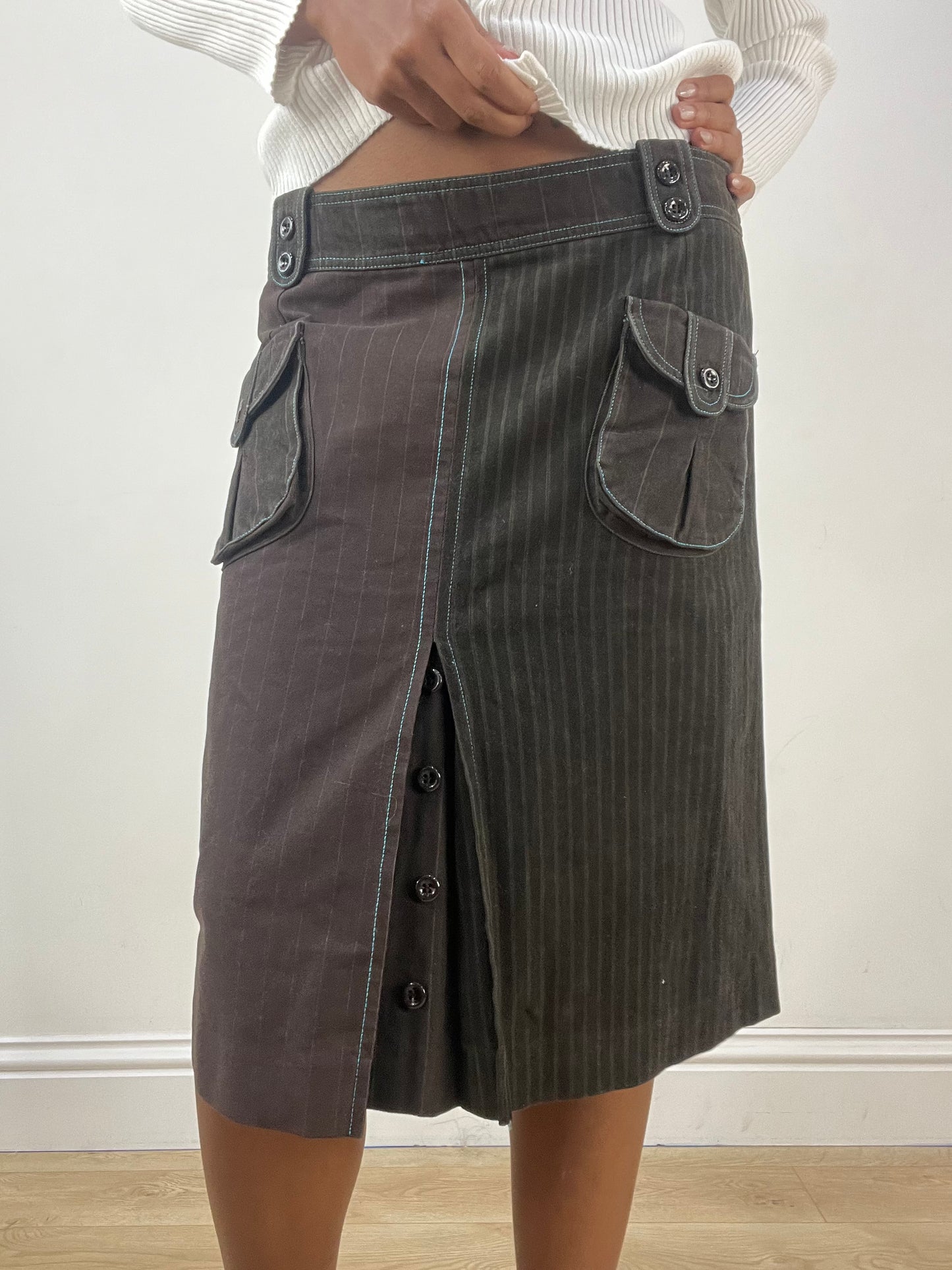 BEST PICKS | medium brown custo barcelona pinstripe midi skirt