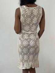 vintage edit: festival | small cream crotchet midi dress with floral pearl detailing