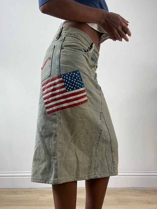 LFW edit | small blue denim midi skirt with painted flags detail