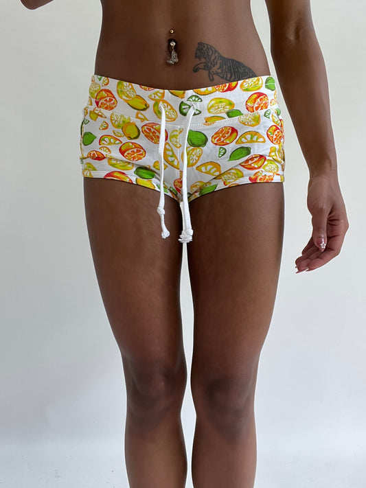 zara larsson drop | extra small white fruit print micro shorts