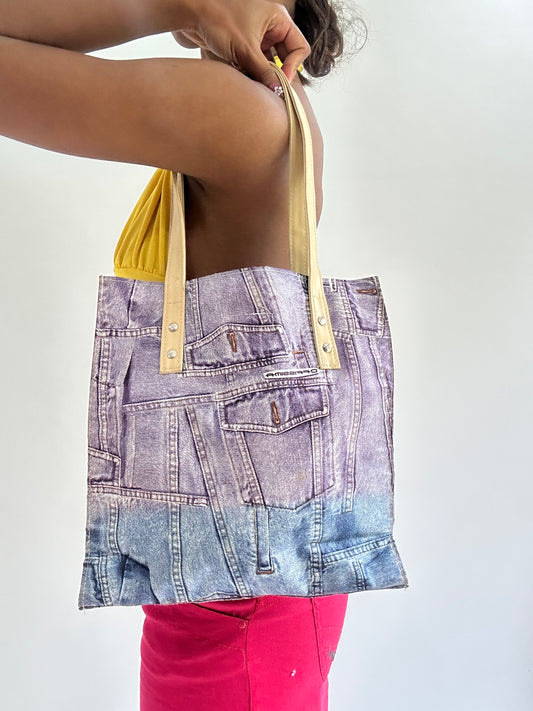 zara larsson drop | purple and blue denim print shoulder bag