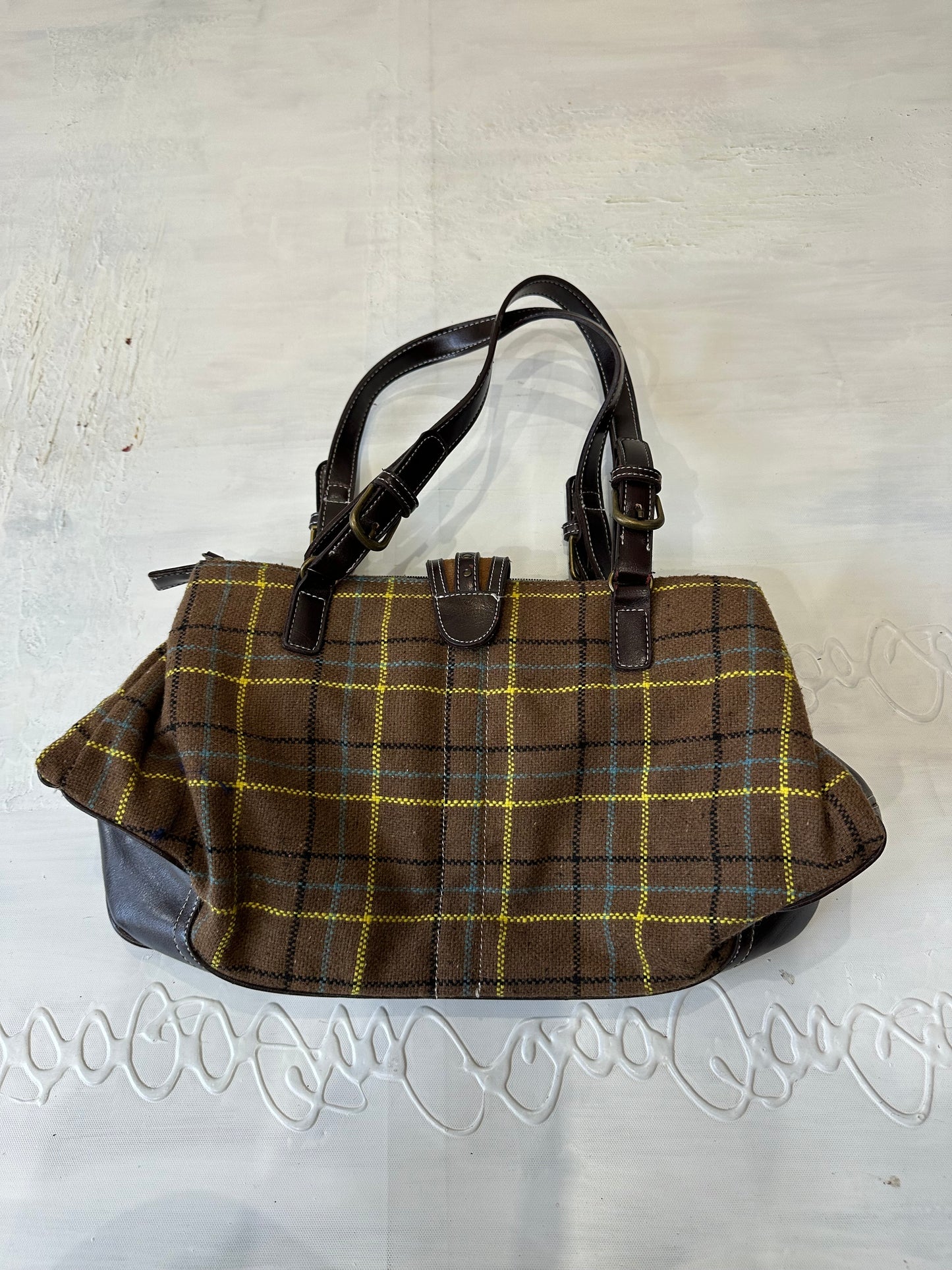 LFW edit | brown and yellow plaid tweed shoulder bag