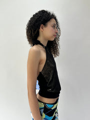 festival drop | Pequeno preto sequin halterneck mesh sobreplate vestido superior feminino
