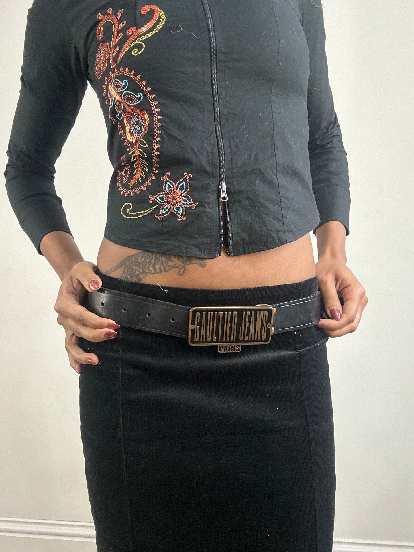 winter edit | black gaultier jeans leather belt with logo buckle