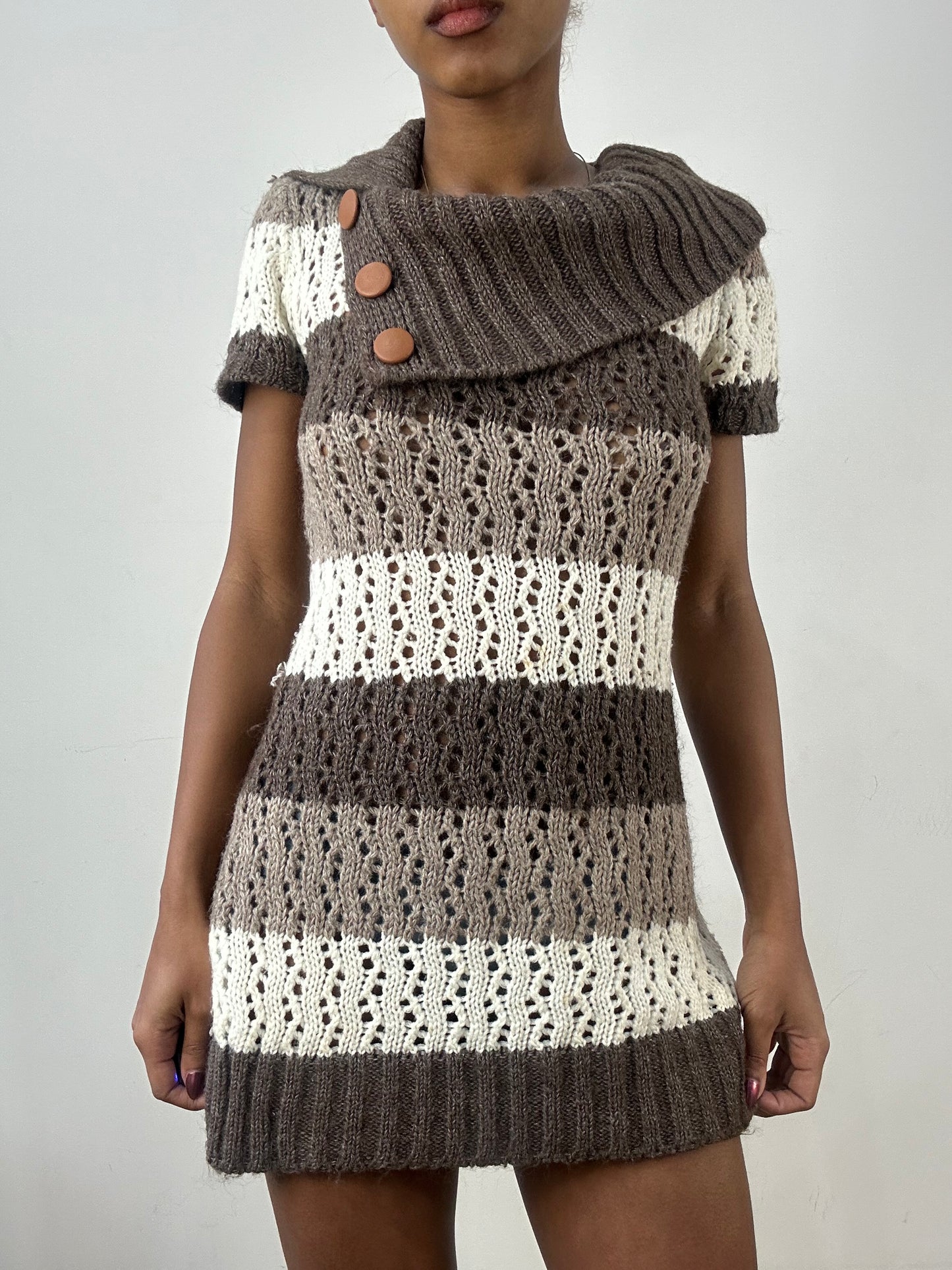 BEST PICKS | small brown knit mini dress with fold over collar