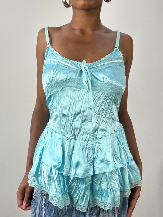 vintage edit twenty-six | small blue satin style cami with lace detail