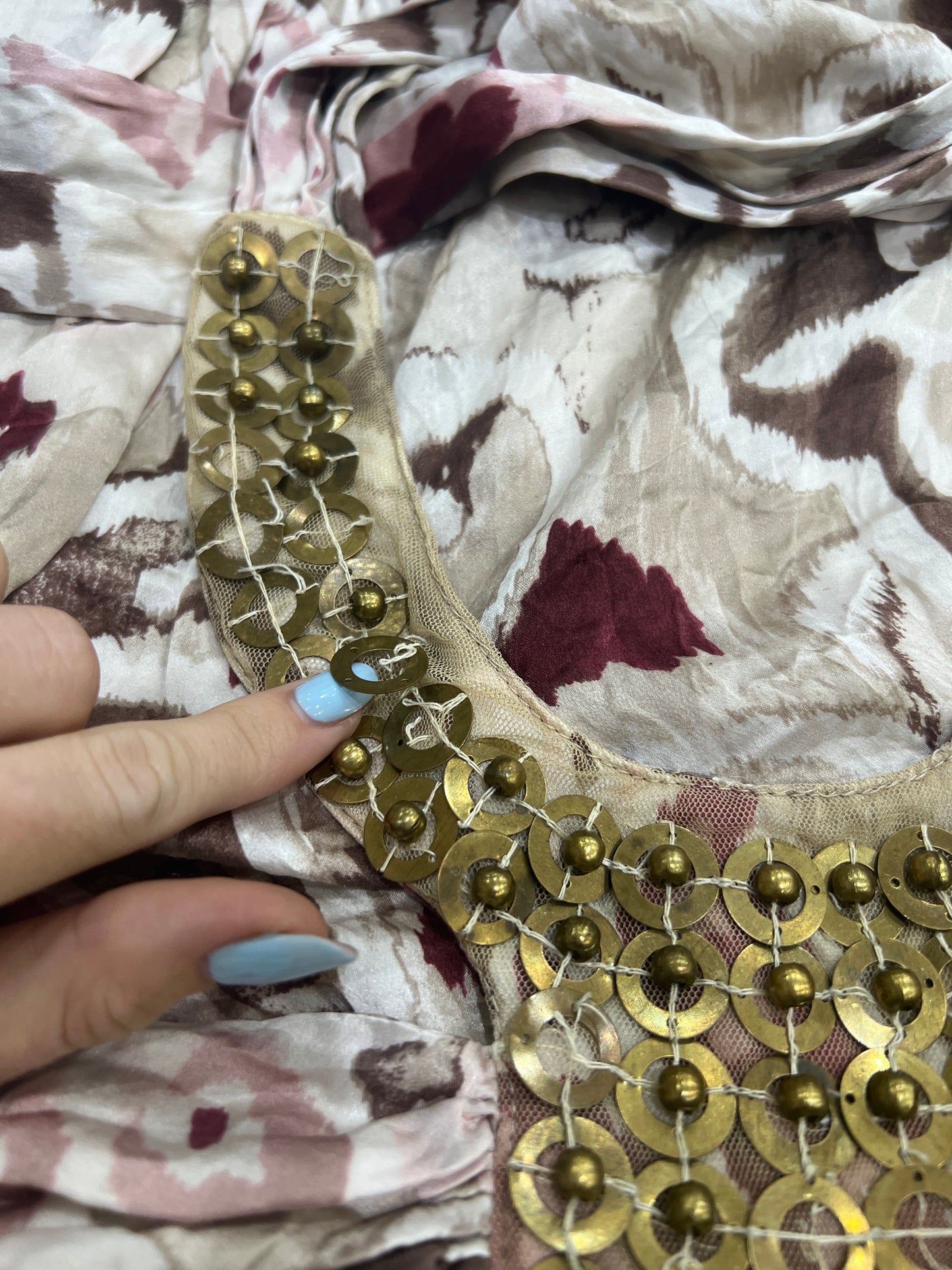 vintage edit twenty eight | small beige and pink halterneck top with beading detail