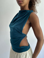 ‼️ | S码 蓝色 backless cut out cowl neck 系带 上衣