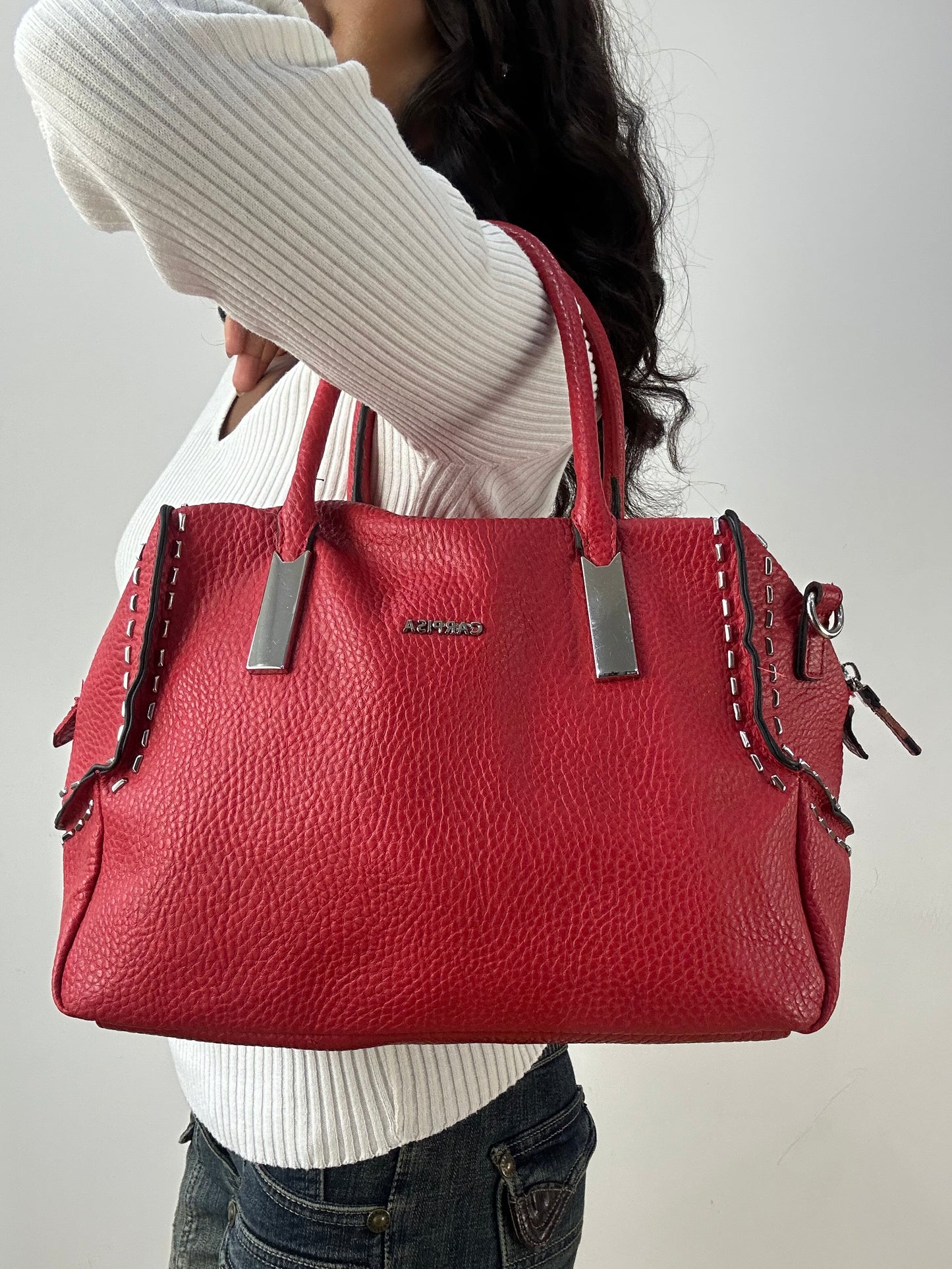 BEST PICKS | red faux leather shoulder bag with silver hardware details